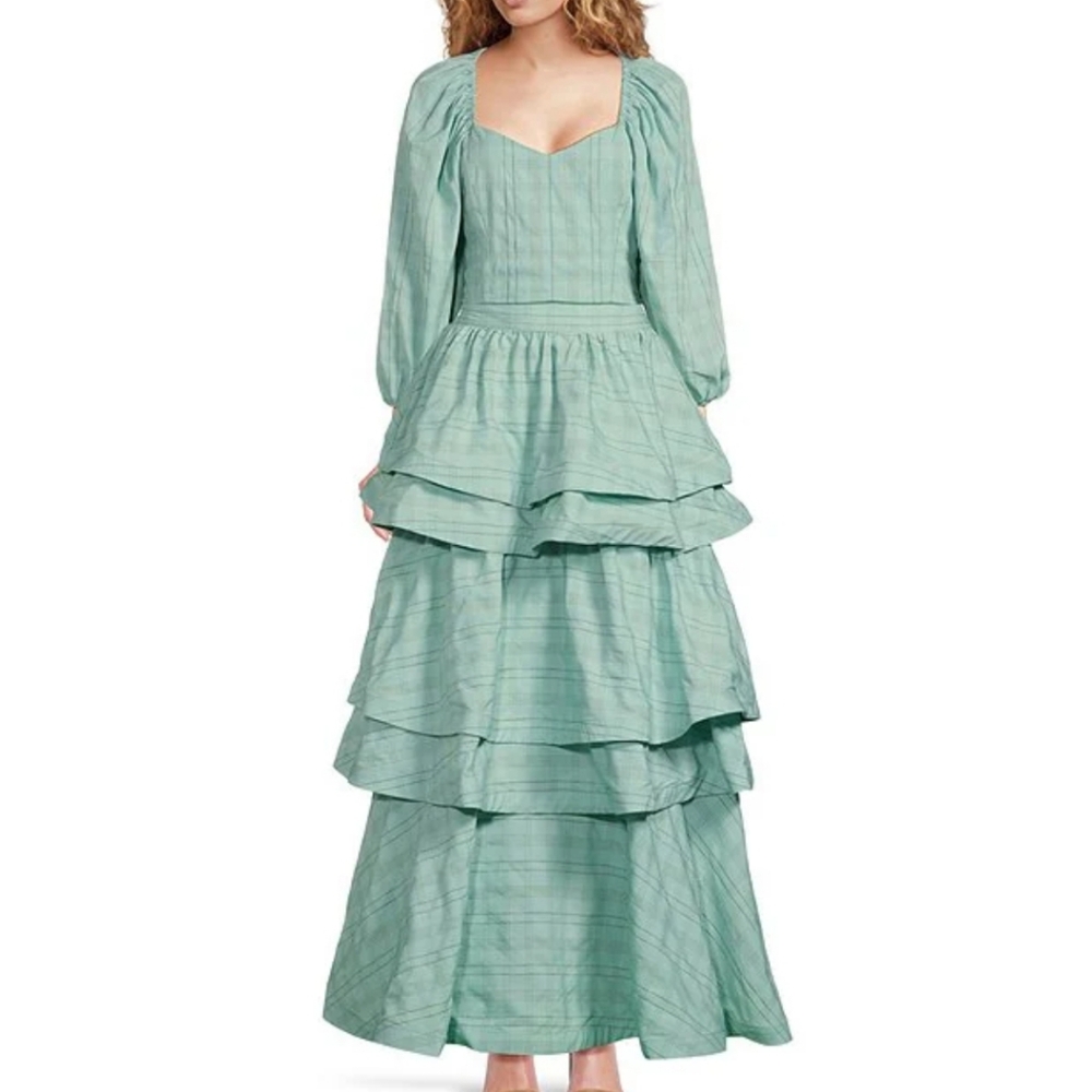 Buru Sweetheart Neck 3/4 Balloon Sleeve Textured Stripe Smocked Top & Skirt Set - Picture 2 of 16